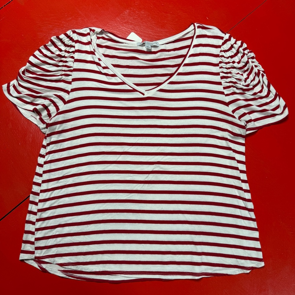 GREEN ENVELOPE Striped Red and White Women's T SHIRT V NECK - Picture 3 of 6